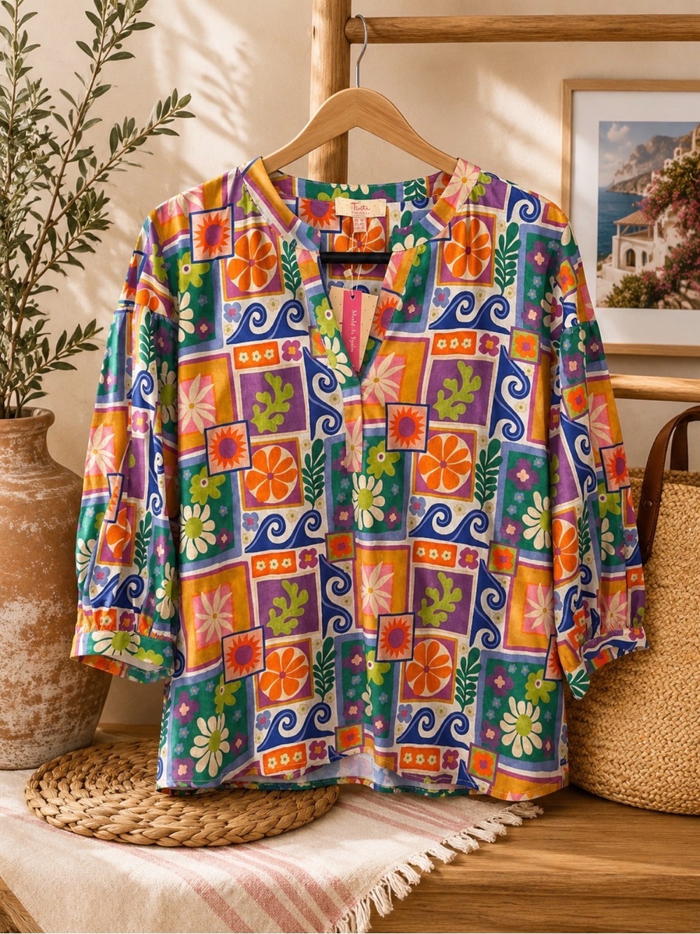 Tinta Spain Mediterranean Patchwork Floral Print Split Neck Blouse Size 46